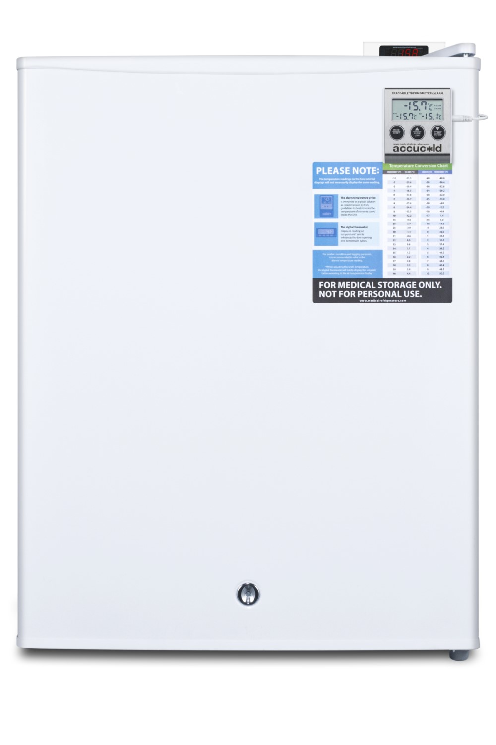Countertop vaccine storage all-freezer with digital thermostat, temperature alarm, hospital grade cord, self-closing door, and front lock
